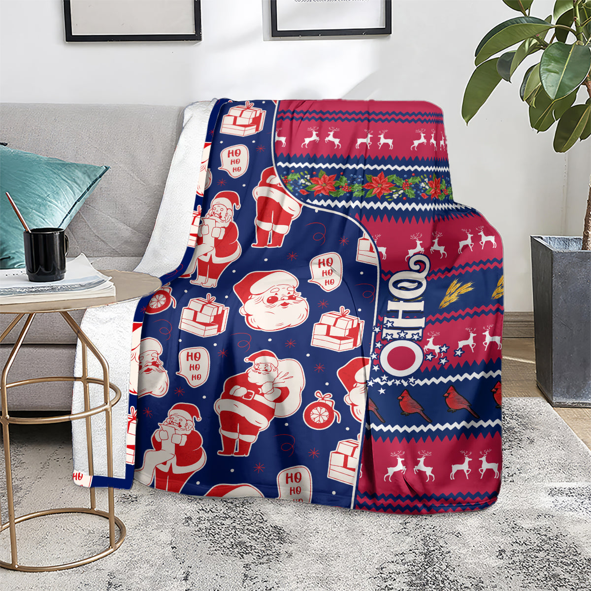 Christmas blanket with Santa, HO HO HO icons, gifts, and reindeer on red and blue