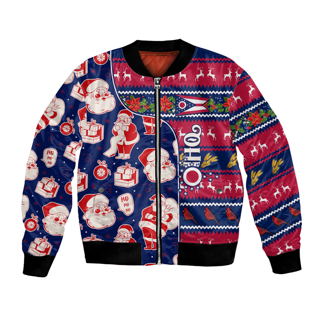 Blue and red Santa-and-presents bomber jacket with full front zip and ribbed cuffs