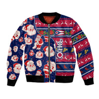 Blue and red Santa-and-presents bomber jacket with full front zip and ribbed cuffs