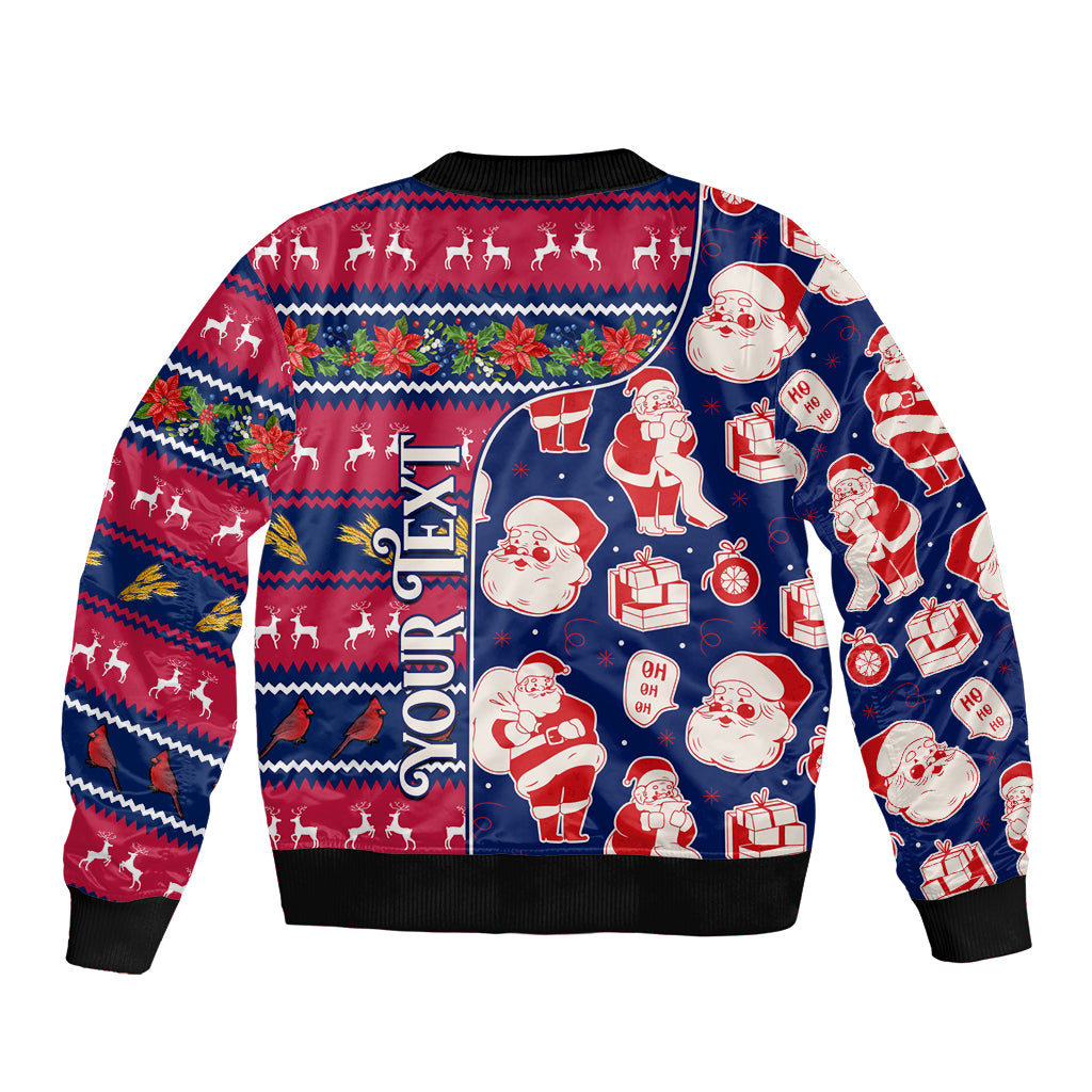 Festive Santa print bomber jacket with vertical lettering, ribbed hem, and striped sleeves