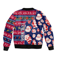 Festive Santa print bomber jacket with vertical lettering, ribbed hem, and striped sleeves