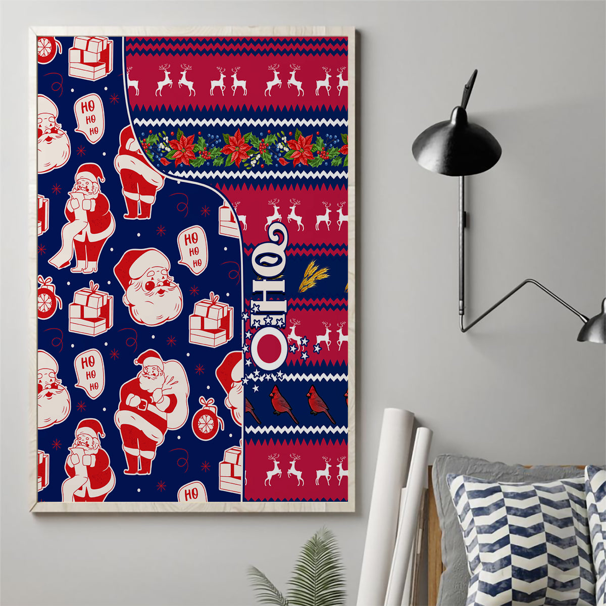 Blue Santa holiday canvas wall art with red and white pattern, no frame