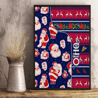 Framed blue Santa holiday canvas wall art with red and white characters and gifts