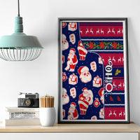 Framed blue Santa holiday canvas wall art with red and white gifts and festive border