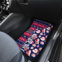Blue car floor mat with Santa, toy icons, and Ohio lettering on red-and-ornament stripes