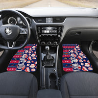 Two blue car floor mats with Santa and Ohio lettering, holiday pattern on the front seats