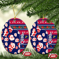 Blue ceramic oval ornament with Santa pattern, gold loops, FRONT and BACK tags