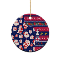 Blue ceramic round Santa Claus ornament with gold hanging loop, front design