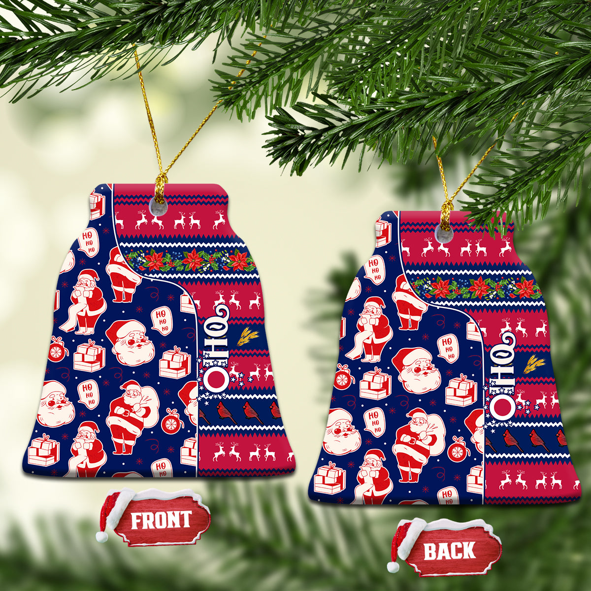 Blue ceramic bell-shaped ornament with Santa pattern, gold loops, FRONT and BACK tags