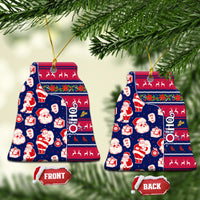 Blue ceramic bell-shaped ornament with Santa pattern, gold loops, FRONT and BACK tags