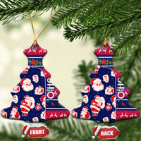 Blue ceramic dress-shaped ornament with Santa pattern, gold loops, FRONT and BACK tags