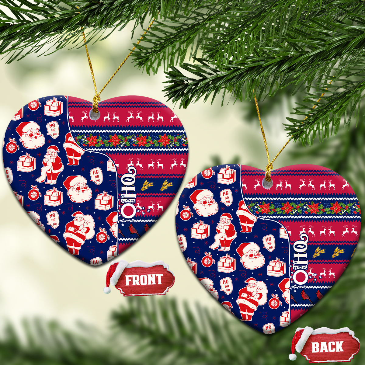 Blue ceramic heart ornament with Santa pattern, gold loops, FRONT and BACK tags