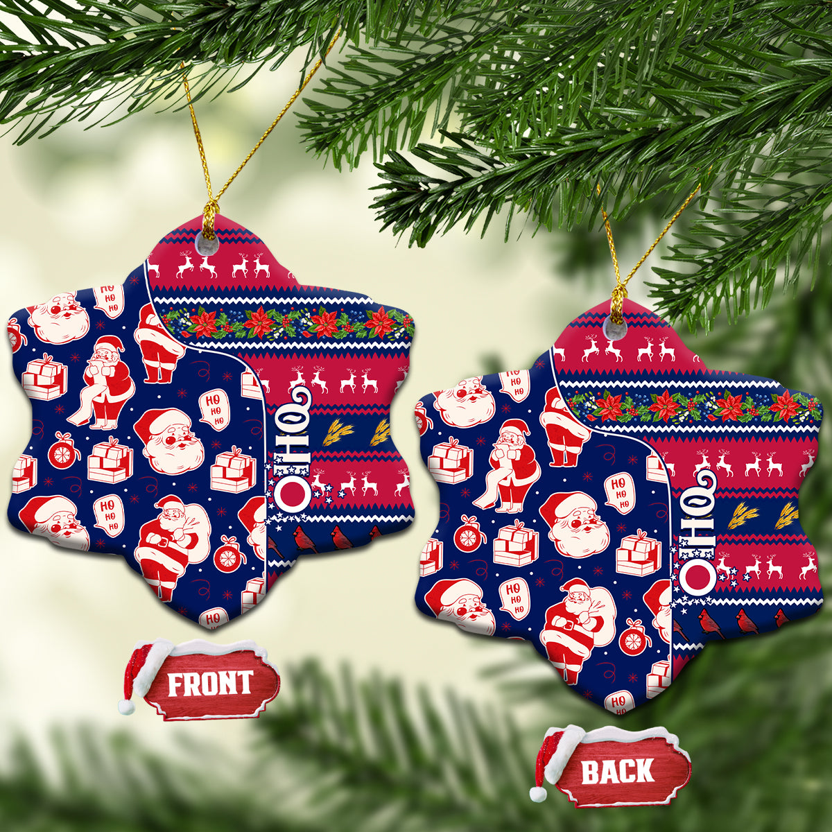 Blue ceramic star ornament with Santa pattern, gold loops, FRONT and BACK tags