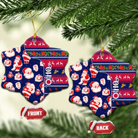 Blue ceramic star ornament with Santa pattern, gold loops, FRONT and BACK tags