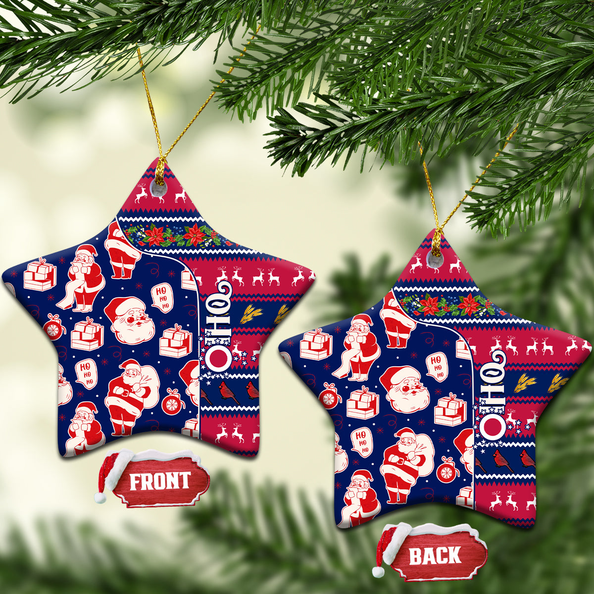 Blue ceramic star-shaped Santa ornament with gold loops, FRONT and BACK tags