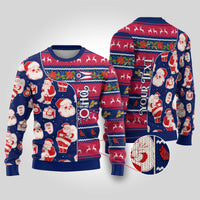 Blue ugly Christmas sweater with Santa, Ohio “OHIO” pattern, ribbed crewneck and cuffs