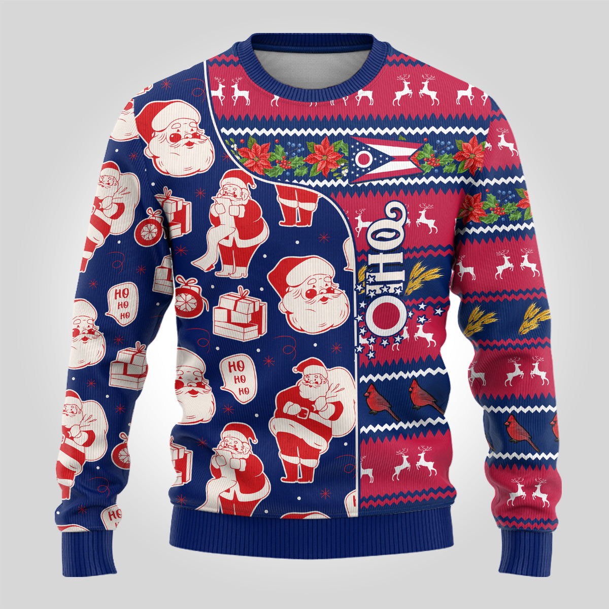 Blue ugly Christmas sweater with Santa and gifts, Ohio “OHIO” lettering, crewneck