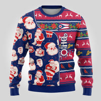 Blue ugly Christmas sweater with Santa and gifts, Ohio “OHIO” lettering, crewneck