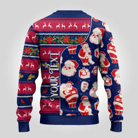 Blue ugly Christmas sweater back view with Santa figures and Ohio “OHIO” motif, ribbed hem