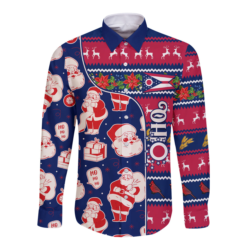 Unisex long-sleeve button shirt, blue with Santa, reindeer, and gift pattern
