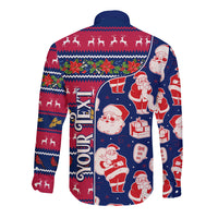 Unisex long-sleeve button shirt, blue and red with Santa and reindeer back pattern