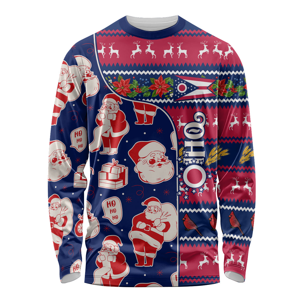 Unisex long-sleeve Christmas shirt, blue/red cartoon Santa and reindeer pattern
