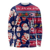 Unisex long-sleeve Christmas shirt, blue/red cartoon Santa and reindeer pattern
