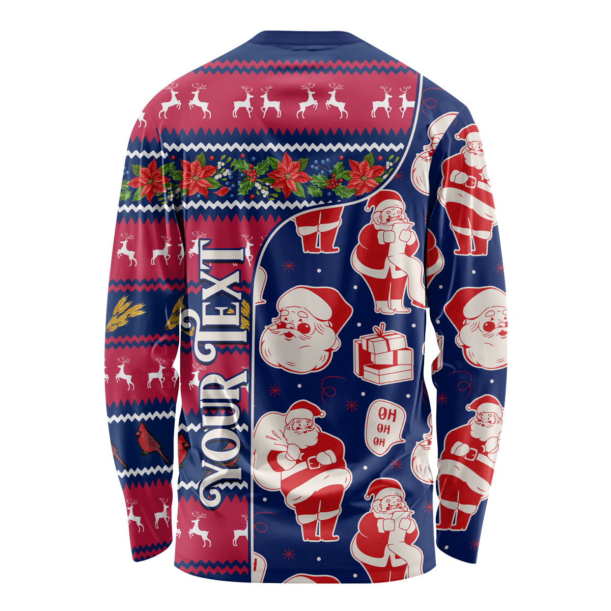 Unisex long-sleeve Christmas shirt, blue/red Santa and 'OHIO' graphic full back