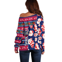 Women’s off-shoulder Christmas sweater, blue with Santa character graphic pattern