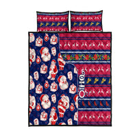 Blue and red Christmas quilt bed set with Santa, snowmen, gifts, and reindeer pattern