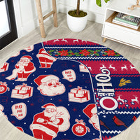 Round Christmas rug with Santa, presents, and 'HO HO HO' pattern on blue background