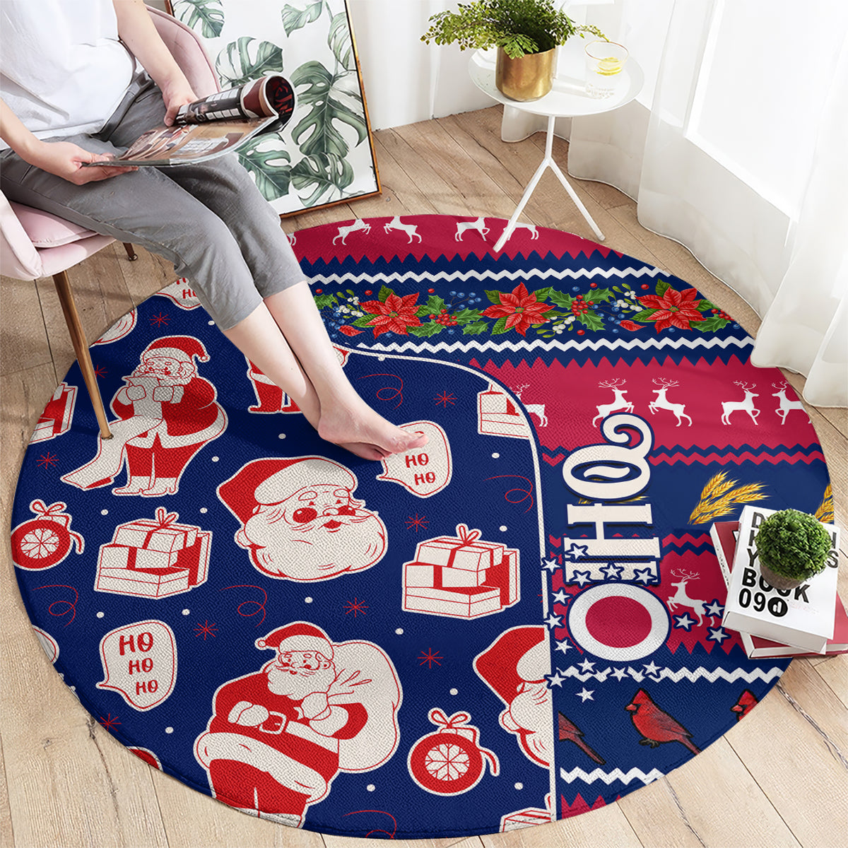 Round Christmas rug with Santa, gifts, 'HO HO HO' and 'OHIO' lettering on blue