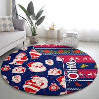 Round Christmas rug with Santa and gift icons, 'HO HO HO' and 'OHIO' text, blue