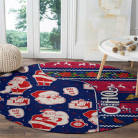 Round Christmas rug with Santa and gift icons, zigzag border, 'HO HO HO' marks, blue