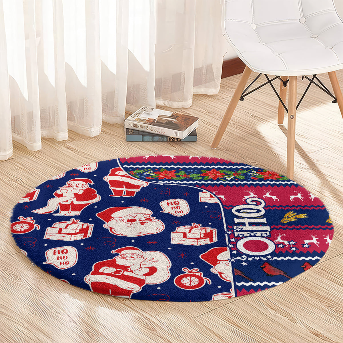 Round Christmas rug with Santa, gifts, 'HO HO HO' and 'OHIO' text, blue
