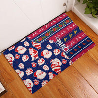 Blue rubber Christmas doormat with Santa, gifts, and festive stripes, rectangular