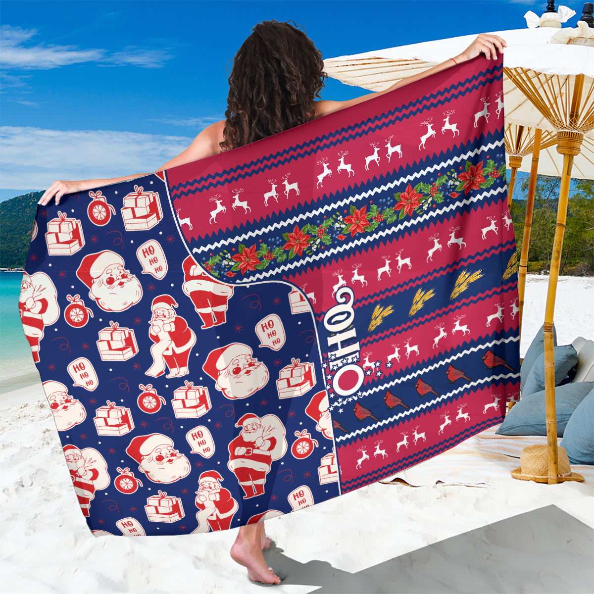 Blue holiday Santa Claus sarong with red and teal stripes, Santa and gift icon pattern