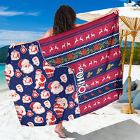Blue holiday Santa Claus sarong with red and teal stripes, Santa and gift icon pattern