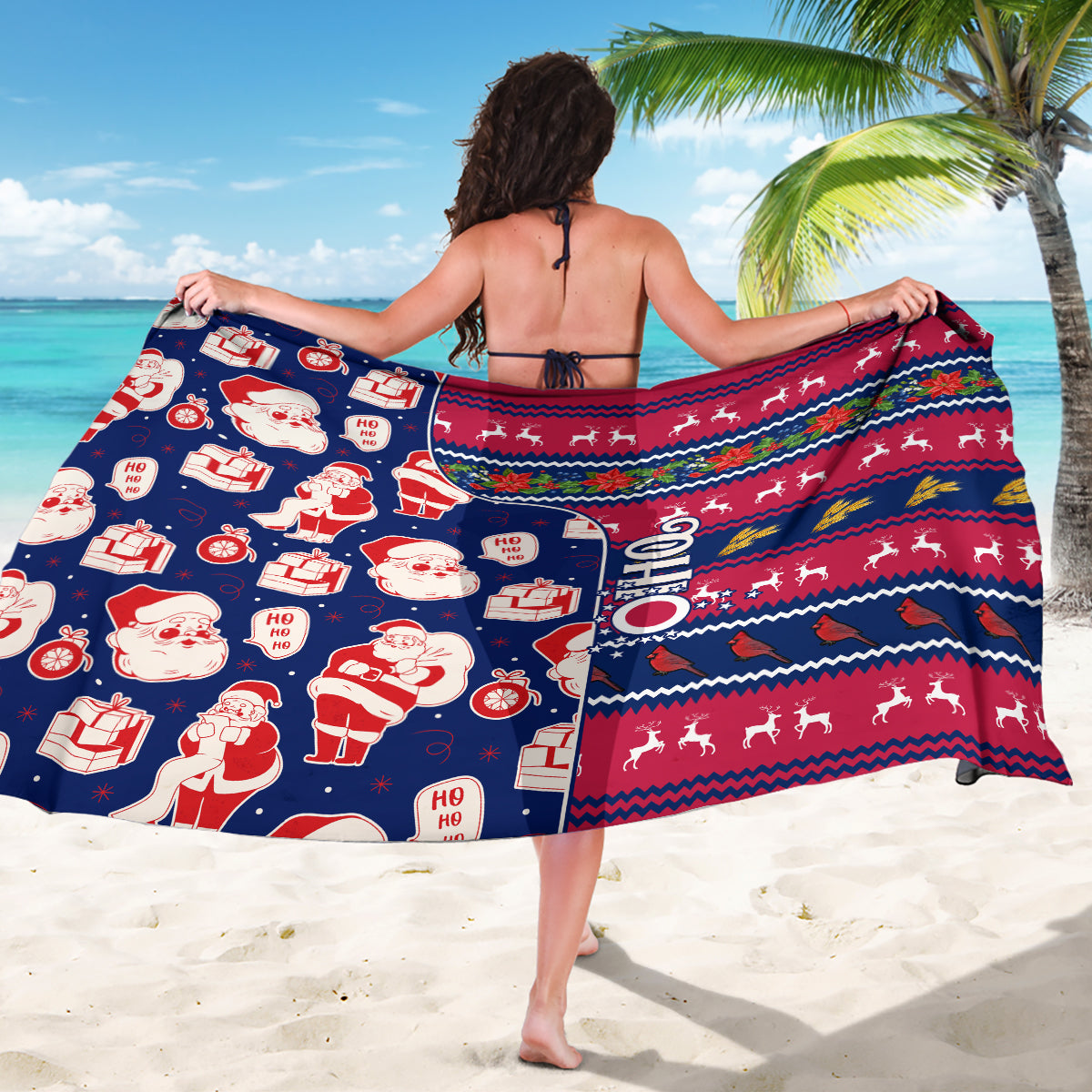 Blue Santa Claus sarong with festive stripe bands and red gift icon motifs