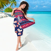 Blue Santa Claus sarong scarf-style wrap with colorful stripe pattern and holiday figures