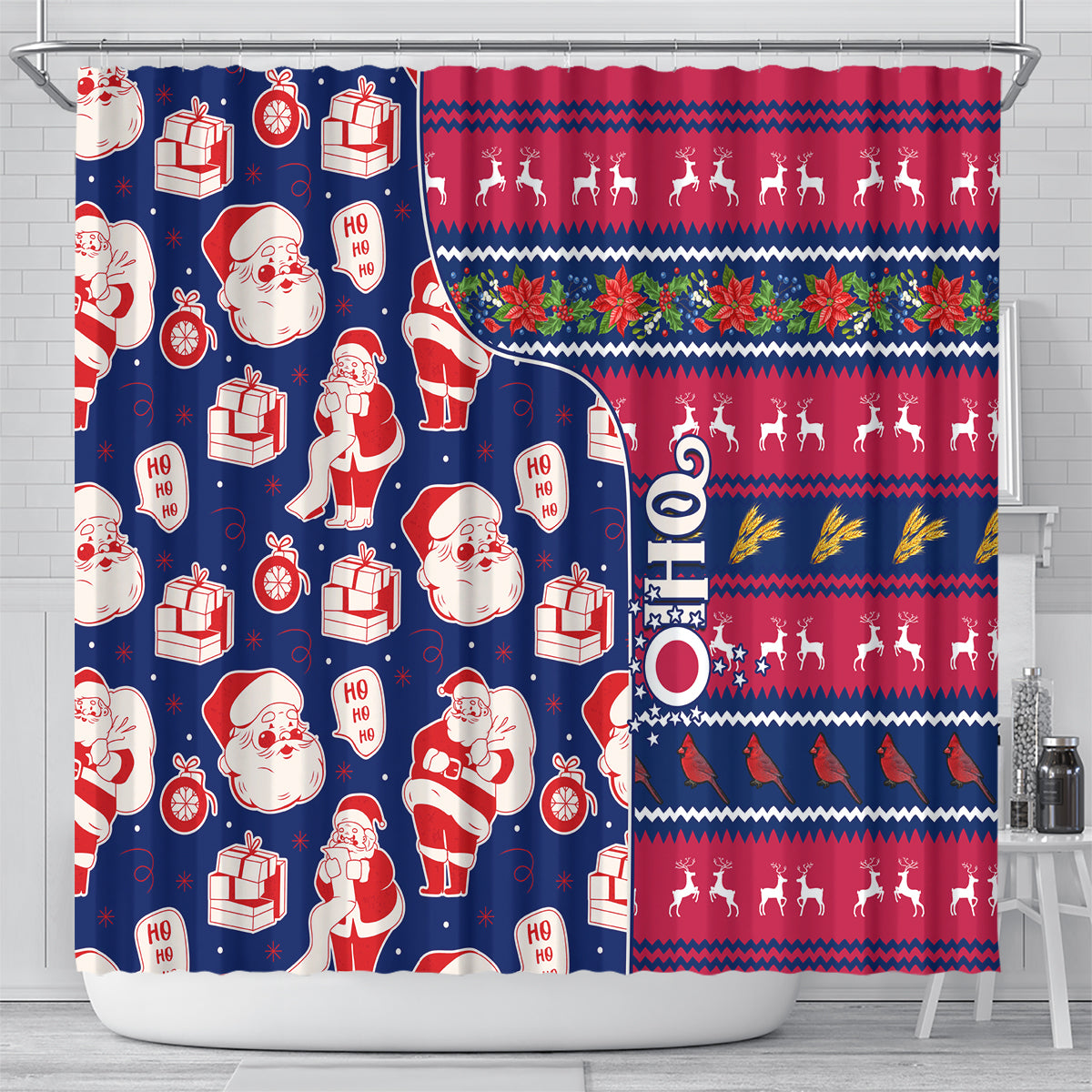 Blue holiday shower curtain with Santa figures, presents, and red festive stripe section.