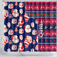 Blue holiday shower curtain with Santa faces, presents, and red knit-style stripe pattern.