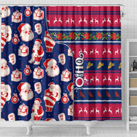 Blue holiday shower curtain with Santa and gift icons alongside red striped accent panel.