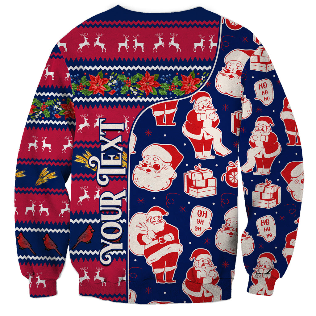 Unisex blue Christmas sweatshirt with Santa figures, ornaments, and Ohio-style graphic