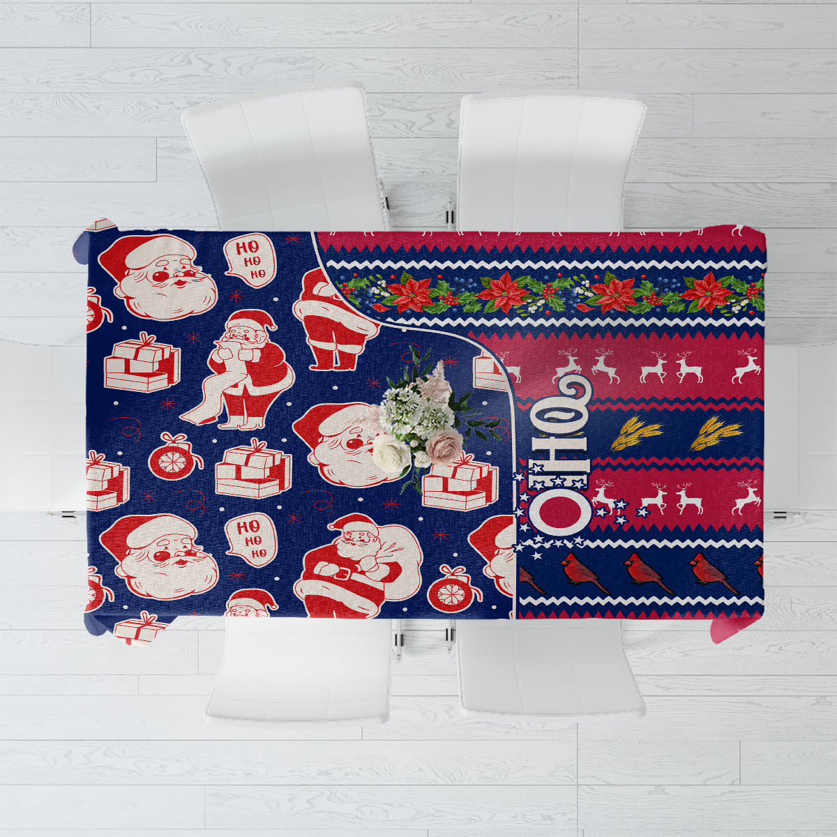 Custom Ohio Christmas tablecloth with Santa, toys, and red-blue festive pattern.