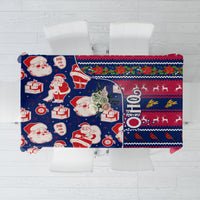 Custom Ohio Christmas tablecloth with Santa, toys, and red-blue festive pattern.