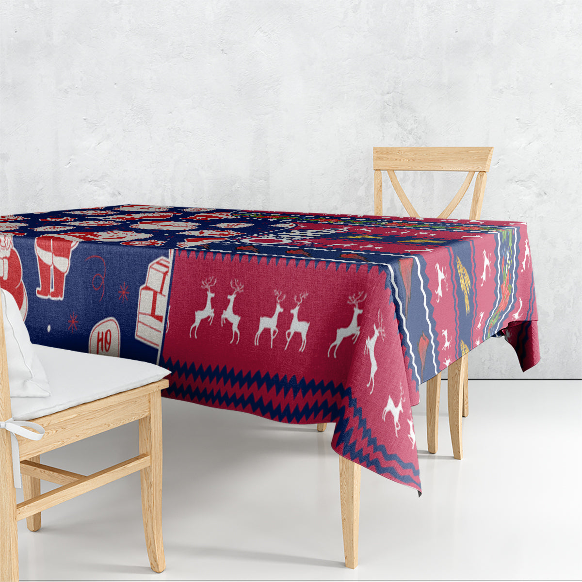 Custom Ohio Christmas tablecloth draped over table edge with Santa and deer design.