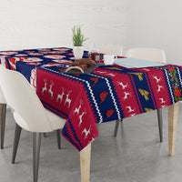 Custom Ohio Christmas tablecloth with Santa and deer silhouettes across the table.