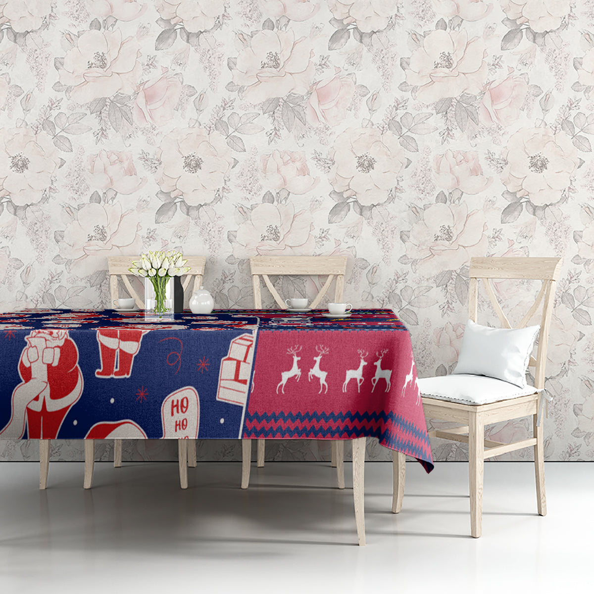 Custom Ohio Christmas tablecloth with Santa, sleigh motifs, and reindeer silhouettes.