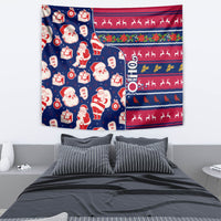 Blue Christmas wall tapestry with Santa and gift icons, plus red reindeer silhouette stripes.